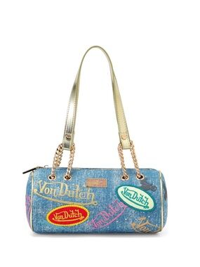 Von Dutch Y2K Denim Print Barrel Bag Gold Chain Purse NWT